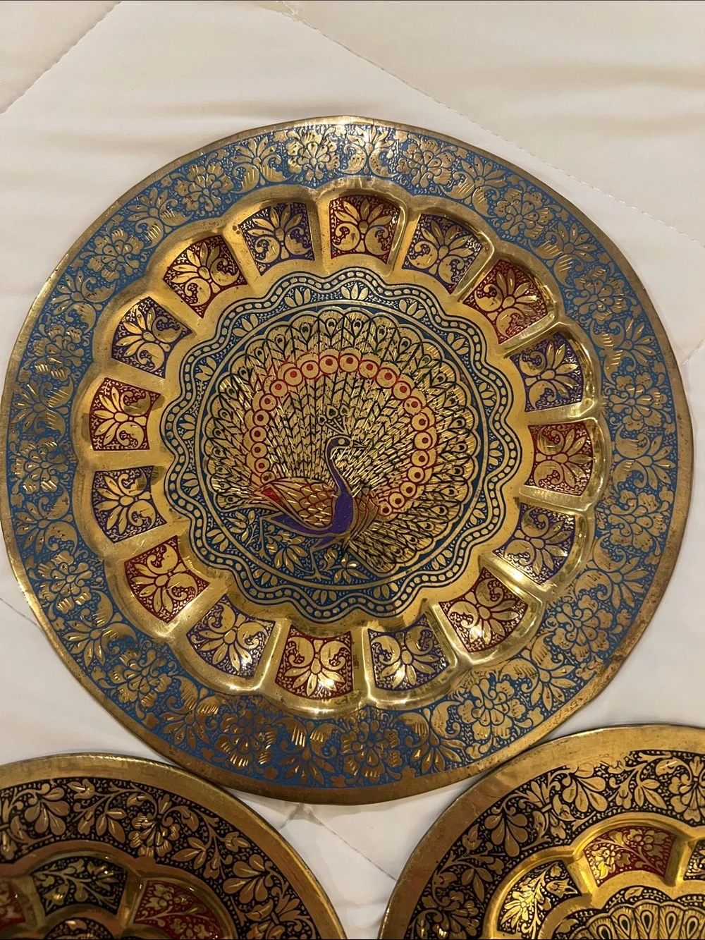 4 Decorative Peacock Brass Wall Plates. Gold w Purple, Blue, Black & Red Accents